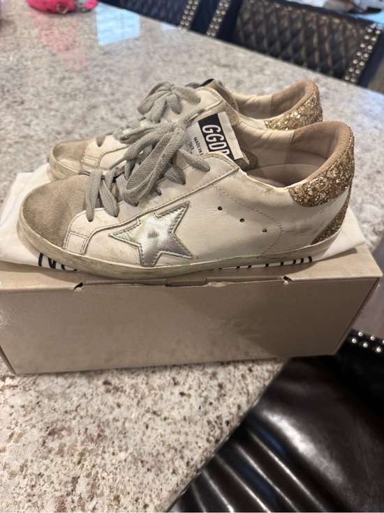 Golden Goose Shoes - Golden Goose White Leather Sneakers with Silver Star and Gold Glitter Heel